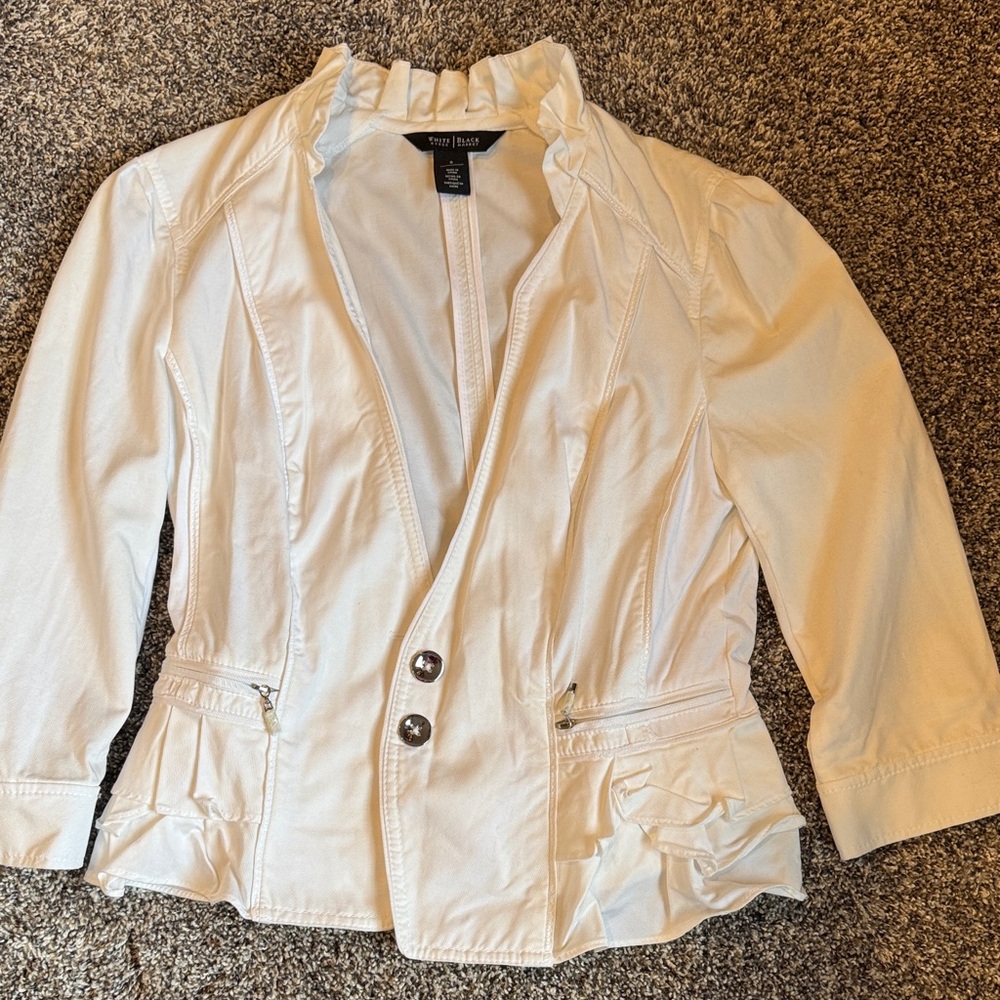 White House Black Market white Blazer with Ruffle Accents